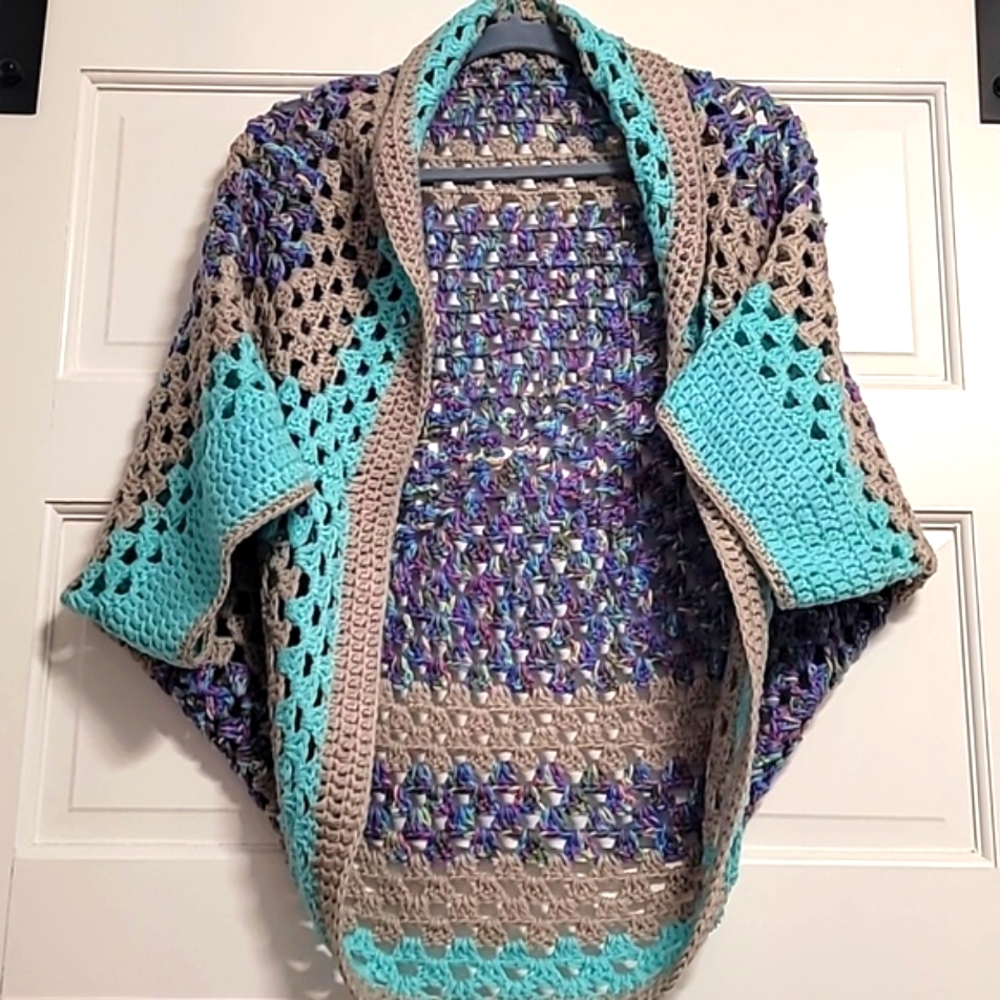 Handmade Artist Beach Boho Crochet Trendy Sweater Soft Comfy Top Blue Shrug L-XL